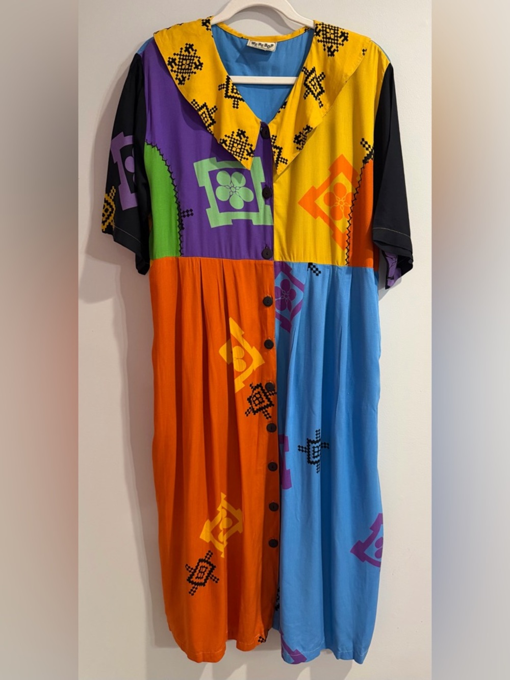 We Be Bop Vintage 90s Vibrant Patchwork Geometric Rayon Boho Swing Dress 1X Midi